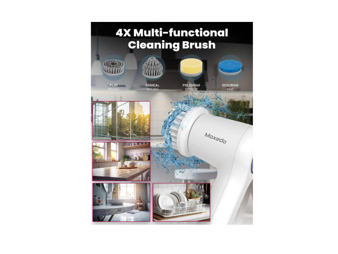 Moxedo 4 IN 1 Cordless Handheld Electric Cleaning Brush with 4 Replaceable Brush Heads for Bathtub, Wall, Tile, Toilet, Window and Sink MX-ECB012 Moxedo 4 IN 1 Cordless Handheld Electric Cleaning Brush with 4 Replaceable Brush Heads for Bathtub, Wall, Tile, Toilet, Window and Sink MX-ECB012
